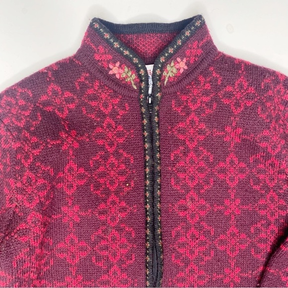 Vintage Tally Ho 100% Wool Floral Zip Cardigan Sweater Red Small Petite - Picture 5 of 7